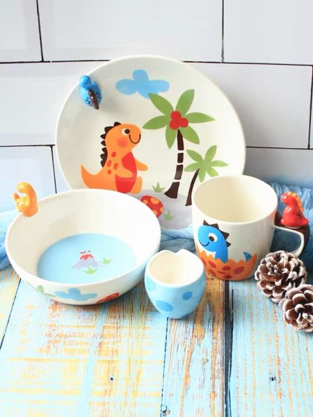 Ceramic 4pcs Set Breakfast Dinner Sets for Kids with 3D Animal Pattern Cartoon Design Children's Tableware Bowl Mugs And Plate
