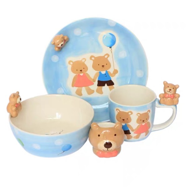 Ceramic 4pcs Set Breakfast Dinner Sets for Kids with 3D Animal Pattern Cartoon Design Children's Tableware Bowl Mugs And Plate