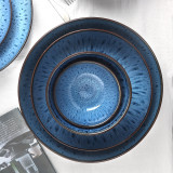 OEM Antique Crockery Rustic Stone Dinner Sets Matte Color Green Blue Black Reactive Glazed Ceramic Stoneware Dinnerware Sets