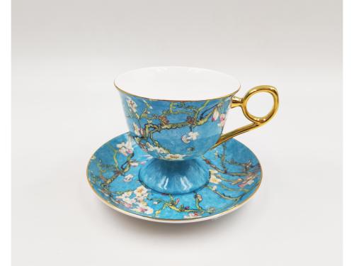 Noble Embossed Gold Floral Design Coffee Set Cup and Saucer Tea Time Table ware set with Van Apricot Blossoming Design