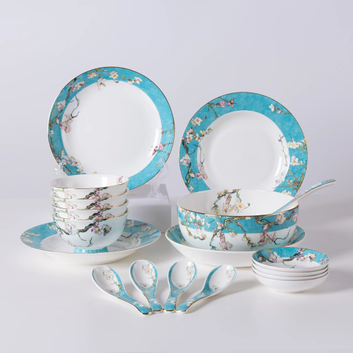 Fine Bone China Dinner Plates and Rice Bowls Spoons Gift Set