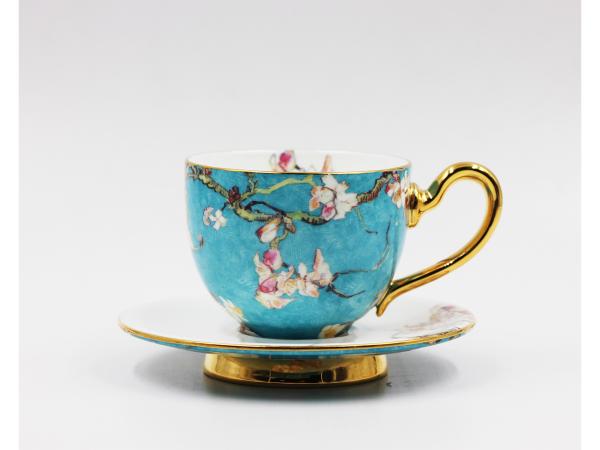 Pretty 18pcs Tea Set by Fine Bone China Embossed Gold Floral Pattern Decals with Metal Shelf