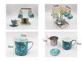 Pretty 18pcs Tea Set by Fine Bone China Embossed Gold Floral Pattern Decals with Metal Shelf