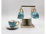 Pretty 18pcs Tea Set by Fine Bone China Embossed Gold Floral Pattern Decals with Metal Shelf