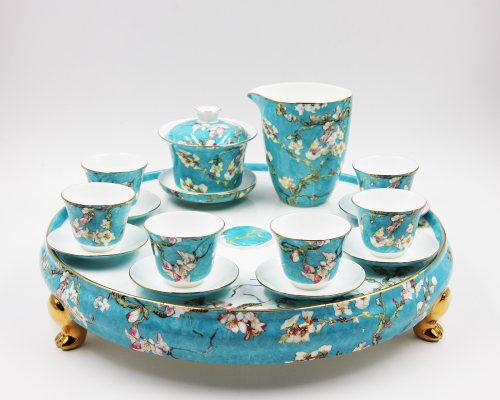 Chinese Style Kung Fu Tea Set 16pcs Tea Cup and Saucer Set with Tea Tray by Fine Bone Chinaware for Home Life and Tea House