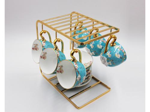 Pretty 18pcs Tea Set by Fine Bone China Embossed Gold Floral Pattern Decals with Metal Shelf
