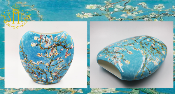 SMF Top Brand Boutique Ceramic Art Essence Vase for Collection or Household Decoration by Fine Bone Chinaware by Van Gogh Painting Apricot Blossom Floral Embossed Gold Decoration for Hotel Lobby Display and Artists Collection