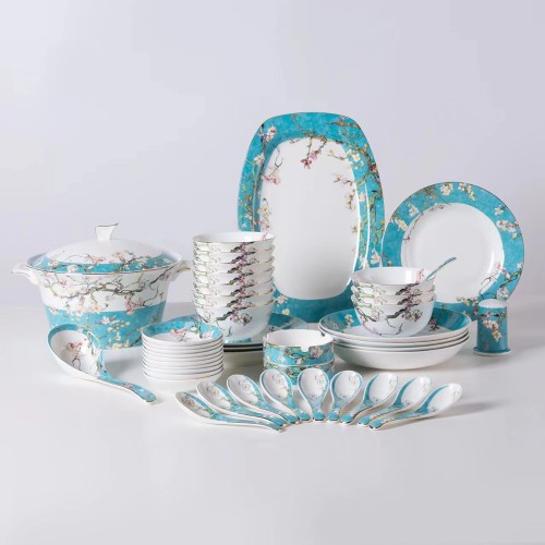 Elegant Floral Decal Embossed Gold Fine Bone China 52pcs Dinner Set with Apricot Blossom Decals by Van Gogh