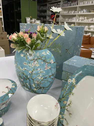 SMF Top Brand Boutique Ceramic Art Essence Vase for Collection or Household Decoration by Fine Bone Chinaware by Van Gogh Painting Apricot Blossom Floral Embossed Gold Decoration for Hotel Lobby Display and Artists Collection