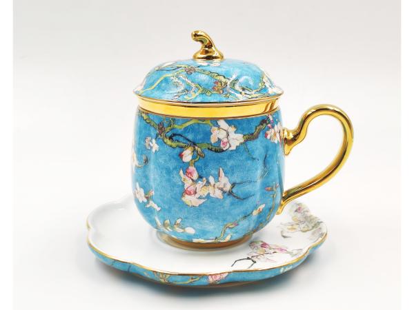 Foral Embossed Gold Fine Bone China Tea Pot Gift Set with Strainer Tea Dripper 4pcs set Packed by Gift Box