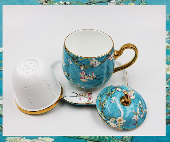 Foral Embossed Gold Fine Bone China Tea Pot Gift Set with Strainer Tea Dripper 4pcs set Packed by Gift Box