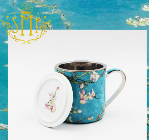 Fine Bone China Tea Set 3pcs in one Tea Cup Set Convenient Tea Mug with Stainless Steel 304 Strainer with Lid with Floral Embossed Gold Design Nice Gift Set