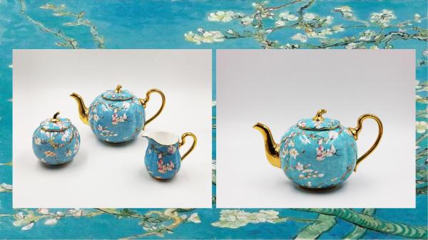 Pretty Floral Embossed Gold Tea Set Milk Pot Sugar Can Tea Pot  3pcs Sets Made by Fine Bone China with Van Gogh Painted Apricot Blossom Design