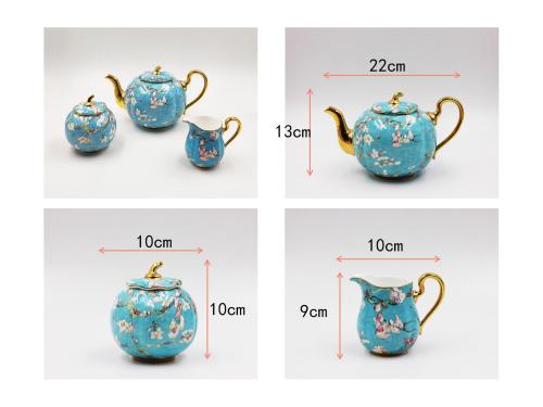 Pretty Floral Embossed Gold Tea Set Milk Pot Sugar Can Tea Pot  3pcs Sets Made by Fine Bone China with Van Gogh Painted Apricot Blossom Design