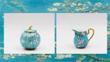 Pretty Floral Embossed Gold Tea Set Milk Pot Sugar Can Tea Pot  3pcs Sets Made by Fine Bone China with Van Gogh Painted Apricot Blossom Design