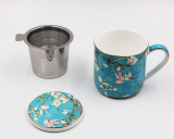 Fine Bone China Tea Set 3pcs in one Tea Cup Set Convenient Tea Mug with Stainless Steel 304 Strainer with Lid with Floral Embossed Gold Design Nice Gift Set