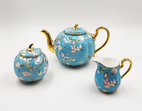 Pretty Floral Embossed Gold Tea Set Milk Pot Sugar Can Tea Pot  3pcs Sets Made by Fine Bone China with Van Gogh Painted Apricot Blossom Design