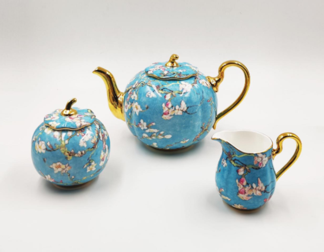 Pretty Floral Embossed Gold Tea Set Milk Pot Sugar Can Tea Pot 3pcs Sets Made by Fine Bone China with Van Gogh Painted Apricot Blossom Design