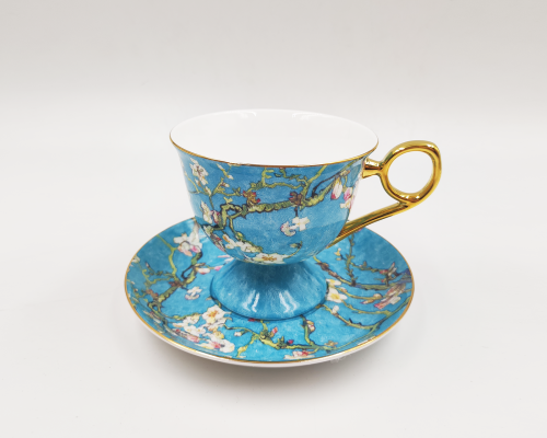 Collection High Class Chinaware Coffee Cup and Saucer by Ceramic Fine Bone China with Van Gogh Painting Floral Embossed Gold Apricot Blossom Decals