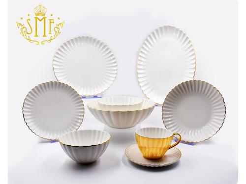 Vintage Ice Snow White Fine Bone China Teapot Set  Dinner Plate and Dessert bowls A grade Food Safety with gold rim decoration