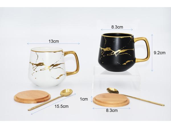 SMF Ceramic Coffee Mug Set with Stainless Steel Spoon and Wood Lid Gift Mug Porcelain Cup with Handle 12 oz Capacity with Paper Color Box safe Package AB grade Quality  SGS LFGB passed