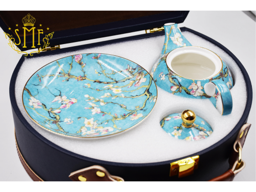 SMF Retail Fine Bone China Tea Pot Set Coffee Set with Floral Real Gold 3D Embossed Van Gogh Apricot Blossom Design Gift Set with Leather Portable Gift box Package
