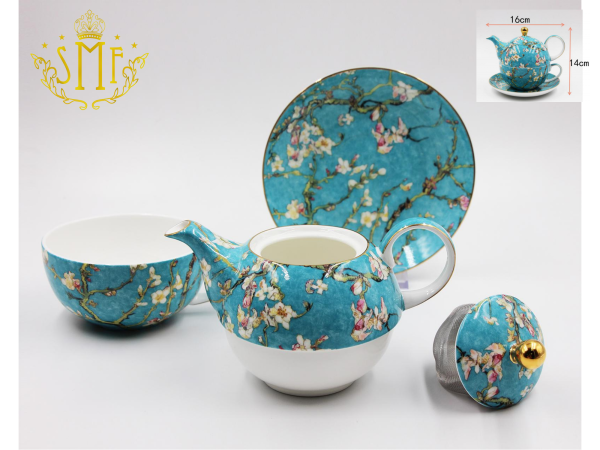 SMF Retail Fine Bone China Tea Pot Set Coffee Set with Floral Real Gold 3D Embossed Van Gogh Apricot Blossom Design Gift Set with Leather Portable Gift box Package