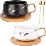 2 Pack Ceramic Tea Coffee Cup, 10 OZ Coffee Mug with 304 Stainless Steel Spoon and Bamboo Saucer, Marble Espresso Cups for Latte, Cappuccino, Americano, White and Black set