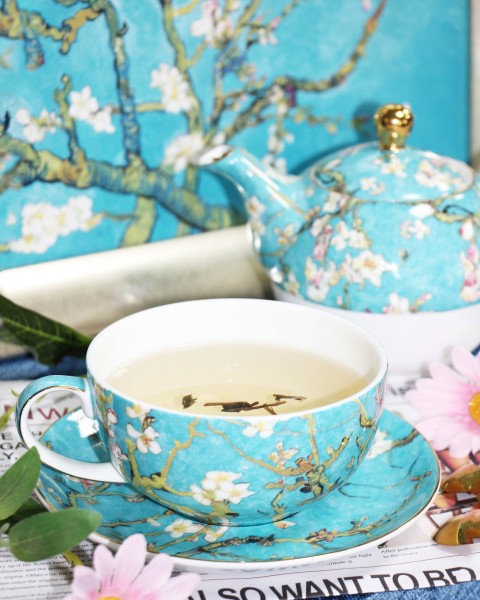 Classic Van Gogh Apricot Blossom 3D Embossed Gold Decal Fine Bone China 2-in-1 Tea & Coffee Set by Protective Leather Travel Case