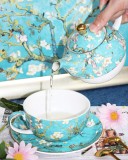 Classic Van Gogh Apricot Blossom 3D Embossed Gold Decal Fine Bone China 2-in-1 Tea & Coffee Set by Protective Leather Travel Case