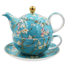 Classic Van Gogh Apricot Blossom 3D Embossed Gold Decal Fine Bone China 2-in-1 Tea & Coffee Set by Protective Leather Travel Case