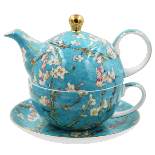 Classic Van Gogh Apricot Blossom 3D Embossed Gold Decal Fine Bone China 2-in-1 Tea & Coffee Set by Protective Leather Travel Case