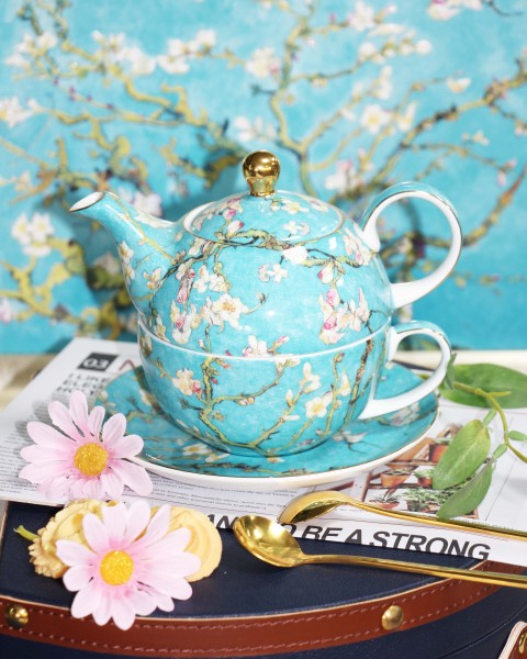 SMF Van Gogh Apricot Blossom 3D Embossed Gold Floral Decal Fine Bone China 2-in-1 Tea & Coffee Set by Protective Leather Travel Case