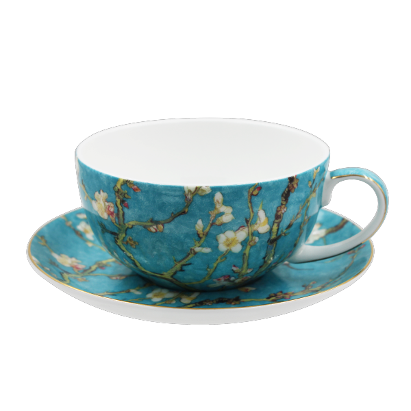SMF Van Gogh Apricot Blossom 3D Embossed Gold Floral Decal Fine Bone China 2-in-1 Tea & Coffee Set by Protective Leather Travel Case