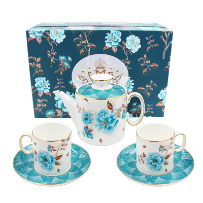 Factory Wholesale Tea for one with Gold Rim Design pot 450ml cup 300ml Gift Box Blue Rose Flowers Design for Coffee Tea Restaurant