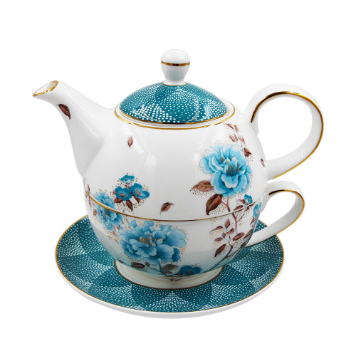 Factory Wholesale Tea for one with Gold Rim Design pot 450ml cup 300ml Gift Box Blue Rose Flowers Design for Coffee Tea Restaurant