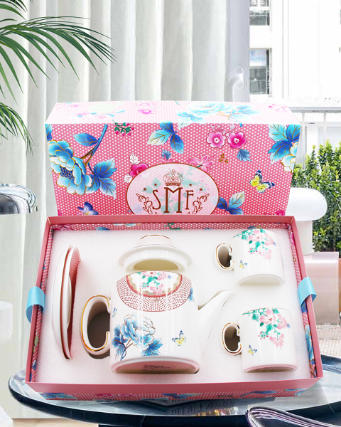 Pink flower decal Bone China Tea pot Set with Gift Box  one 800ml Teapot two 200ml cup&saucer