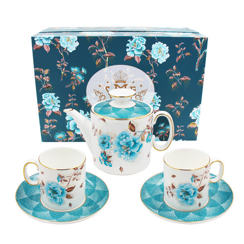 Copy Factory Wholesale Tea for one with Gold Rim Design pot 450ml cup 300ml Gift Box Blue Rose Flowers Design for Coffee Tea Restaurant