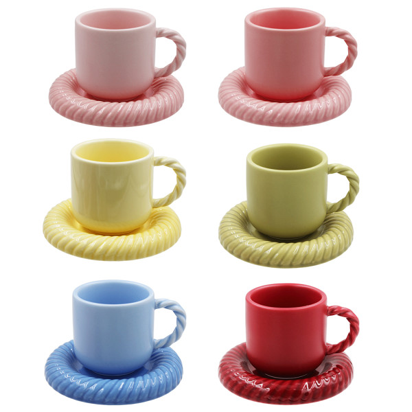 Copy SMF Decorative Macaron Style Ceramic Cup and Saucer Set 80ml Capacity with 6 colors Option Promotion Coffee Set as Gift Coffee Mug for Home and Cafe Restaurant Ceramic Espresso Coffee Cup and Saucer LFGB as Gift