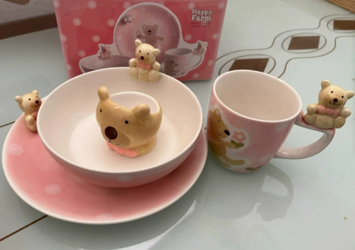 Ceramic 4pcs Set Breakfast Dinner Sets for Kids with 3D Animal Pattern Cartoon Design Children's Tableware Bowl Mugs And Plate