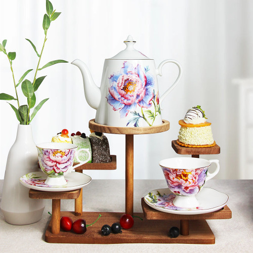 SMF Patent Floral Design Fine Bone China Tea Pot Set Cup and Saucer Set 2 included with Embossed Real Gold Rim onglazed Decal Craft