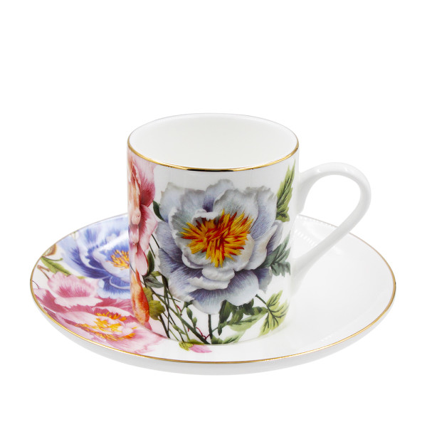 SMF Luxury Fine Bone China 6 kinds of Shapes Cup and Saucer Set for Coffee and Tea with Poeny Flower Pattern Design with Real Gold Rim Decoration for Home and Office as Gift