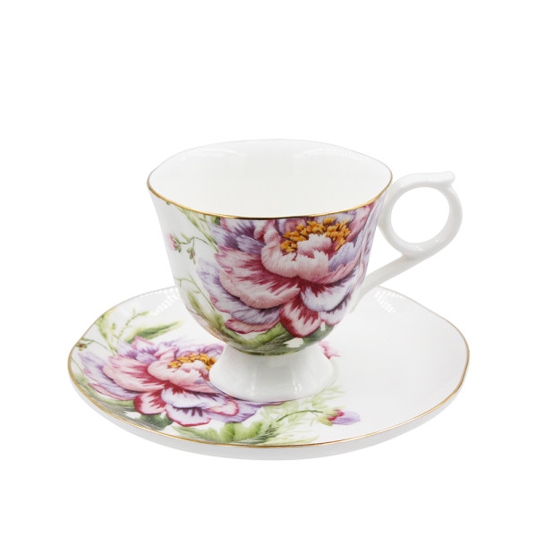 SMF Luxury Fine Bone China 6 kinds of Shapes Cup and Saucer Set for Coffee and Tea with Poeny Flower Pattern Design with Real Gold Rim Decoration for Home and Office as Gift