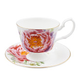 SMF Luxury Fine Bone China 6 kinds of Shapes Cup and Saucer Set for Coffee and Tea with Poeny Flower Pattern Design with Real Gold Rim Decoration for Home and Office as Gift