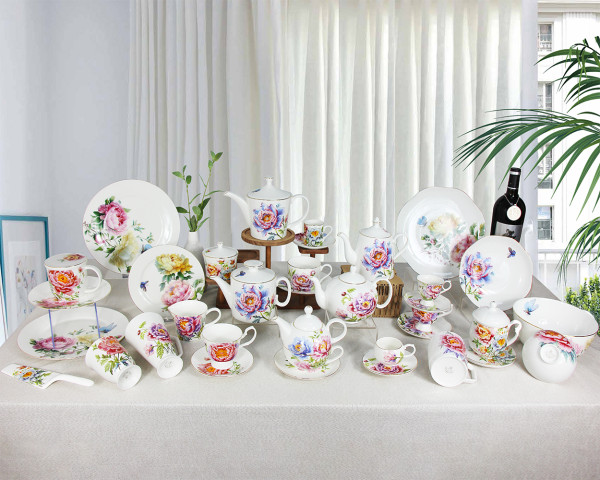 SMF Patent Floral Design Fine Bone China Tea Pot Set Cup and Saucer Set 2 included with Embossed Real Gold Rim onglazed Decal Craft