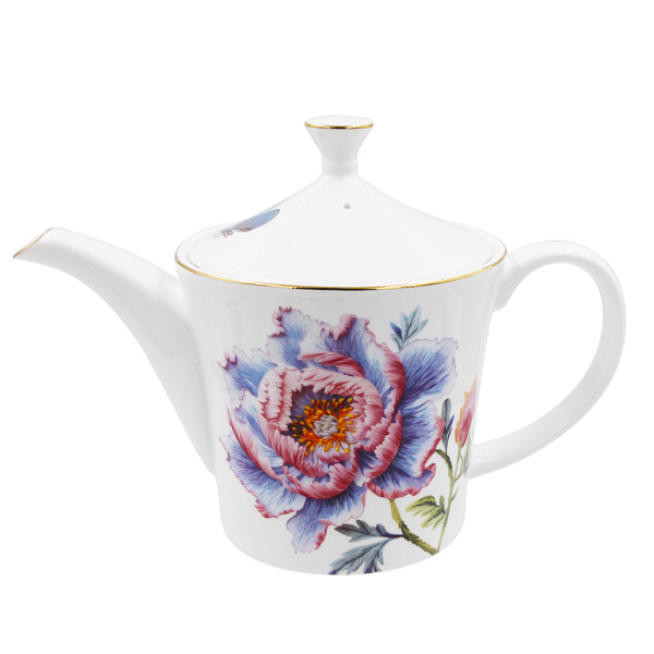 SMF Patent Floral Design Fine Bone China Tea Pot Set Cup and Saucer Set 2 included with Embossed Real Gold Rim onglazed Decal Craft