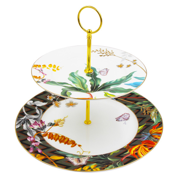 SMF Brand Vintage Fine Bone China 2 Ties Cake Stands with Shovel by Embossed Patent Jungle Design Decal Included 10.5 Inch Platter 7.5 inch Dish with Eco Friendly Cardboard Safe Mailing Box Package LFGB FDA  Certified Food Safe for Party Feast for Restaurant