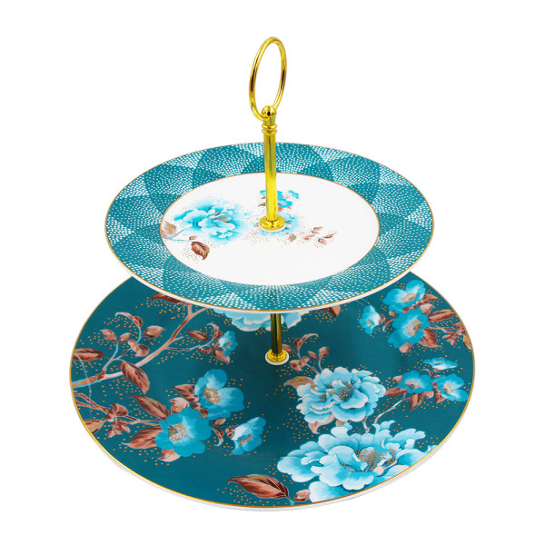 SMF American Brand Luxury Fine Bone China 2 Ties Cake Stands with Shovel by Vivid Embossed Pretty Floral Design Onglazed Real Gold Rim Decorative Decal Craft Included 10.5 Inch Platter 7.5 inch Dish with Eco Friendly Cardboard Safe Mailing Box Package LFGB FDA  Certified Food Safe for Party Feast for Restaurant