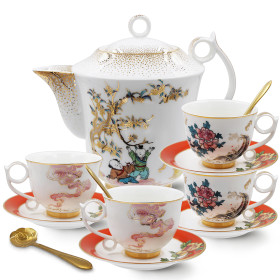 SMF Brand Chinese Traditional Bright Moon Design Ceramic Fine Bone China Tea and Coffee Set for 4 Persons Sustainable Drinking Cup Saucer for Moon Festival and Holiday with Safe Gift Box Package LFGB FDA Pass