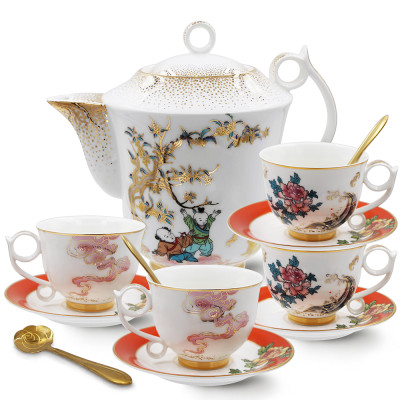 SMF Brand Chinese Traditional Bright Moon Design Ceramic Fine Bone China Tea and Coffee Set for 4 Persons Sustainable Drinking Cup Saucer for Moon Festival and Holiday with Safe Gift Box Package LFGB FDA Pass